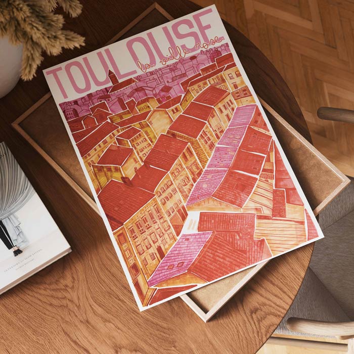 Carte postale illustrée de Toulouse représentant les toits de la Ville Rose