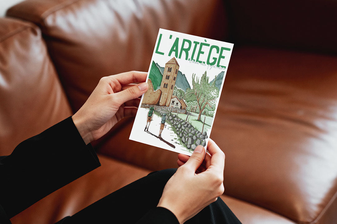 Affiche artistique de l’Ariège illustrée, mettant en valeur les paysages naturels des Pyrénées, idéale comme décoration murale ou souvenir de voyage.