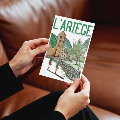 Affiche artistique de l’Ariège illustrée, mettant en valeur les paysages naturels des Pyrénées, idéale comme décoration murale ou souvenir de voyage.