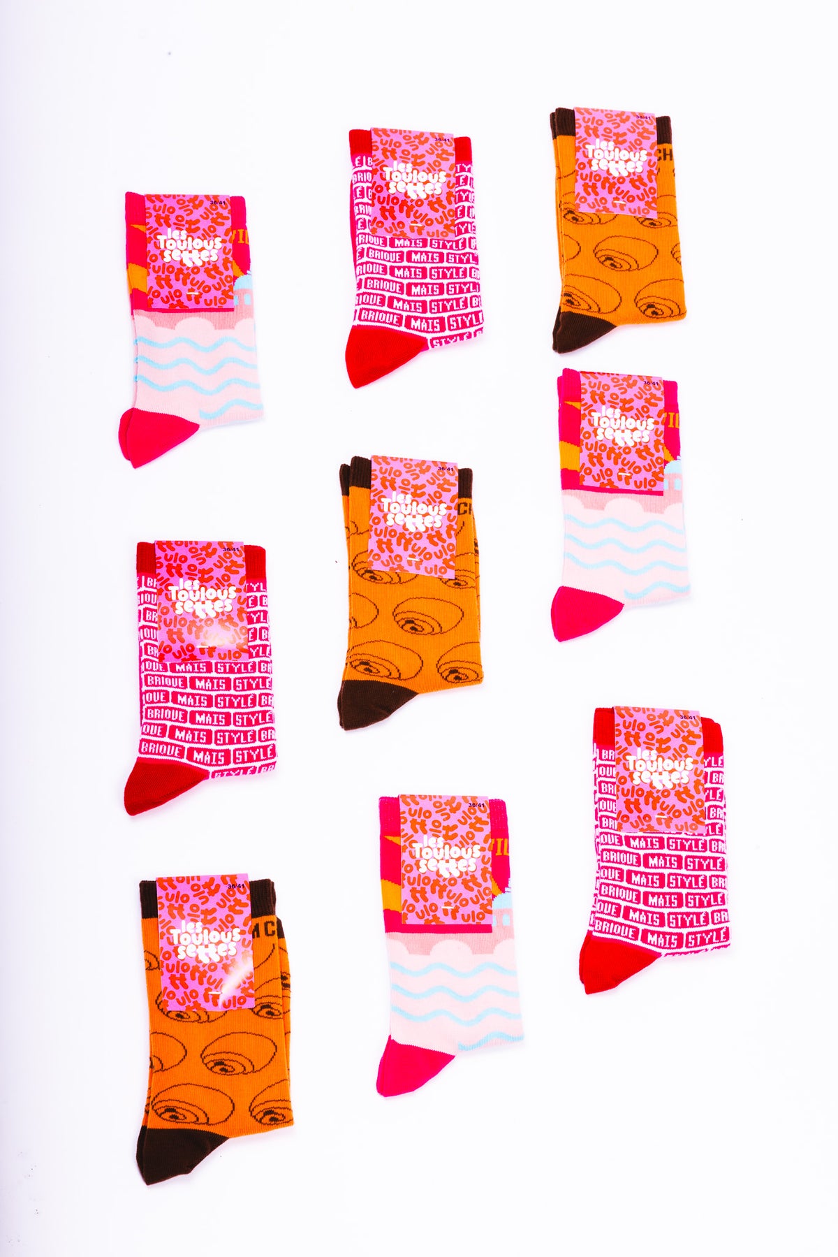 Trois modèles de chaussettes fantaisie Les Touloussettes fabriquées en France