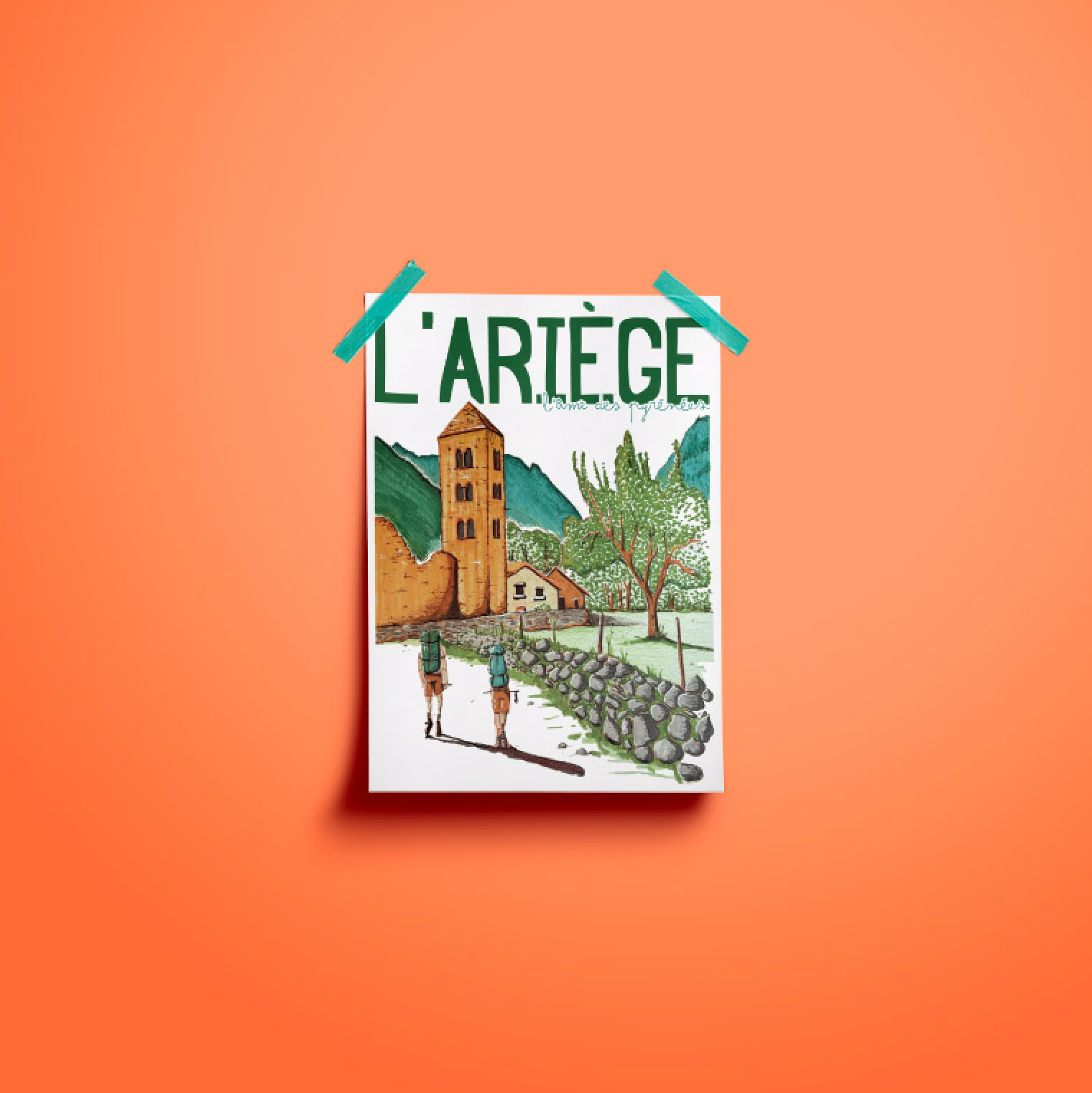 Grande affiche illustrée de l’Ariège, représentant un paysage emblématique des Pyrénées avec une approche artistique moderne, idéale pour une décoration murale forte et immersive.