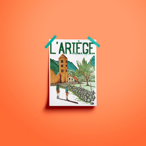 Grande affiche illustrée de l’Ariège, représentant un paysage emblématique des Pyrénées avec une approche artistique moderne, idéale pour une décoration murale forte et immersive.